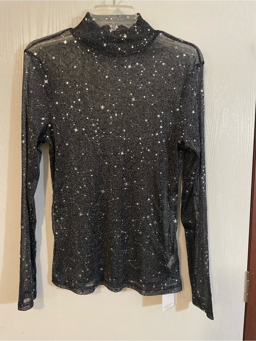 NWT MANGOPOP Celestial Star Mesh Mock Neck Top XXL Black Sheer